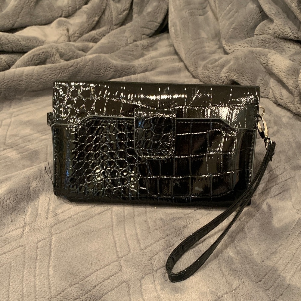 Glossy Black Embossed Wristlet Clutch by Just Solutions